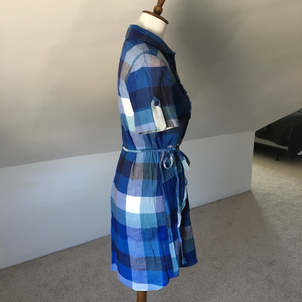 Checkered Color Block County Blue Button Dress - Picture 4 of 7